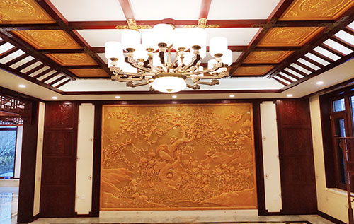 津南中式别墅客厅中式木作横梁吊顶装饰展示