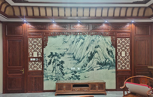 津南中式仿古别墅客厅背景墙花格木作装饰